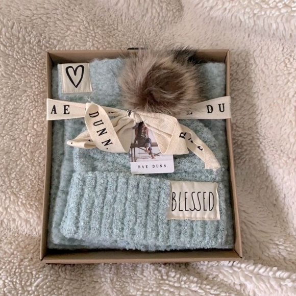 New Rae Dunn Blessed Hat and Scarf Set In Box Blue Turquoise - Picture 2 of 11